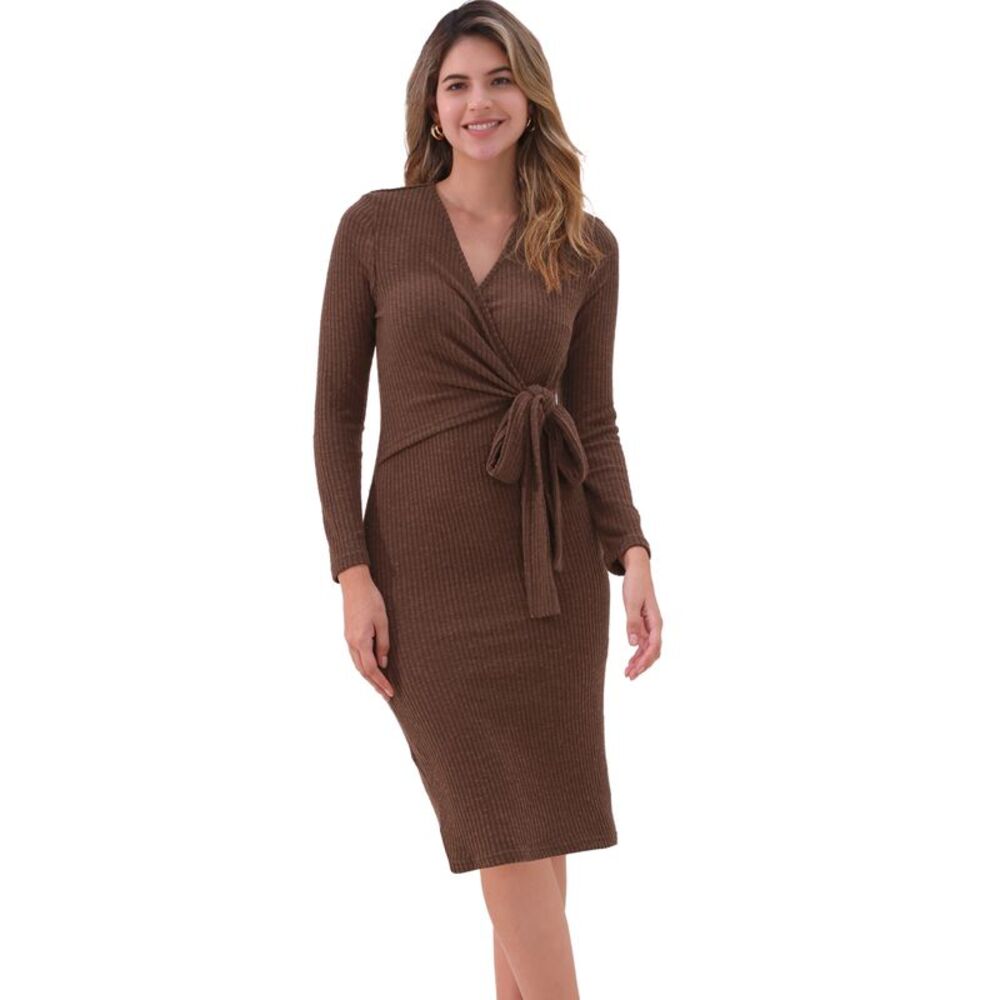 Fall Winter Long Sleeve Tie Waist Knit Bodycon Wrap Sweater Dress Brown